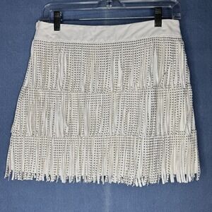 White Fringe Mini Skirt with Stud Detail